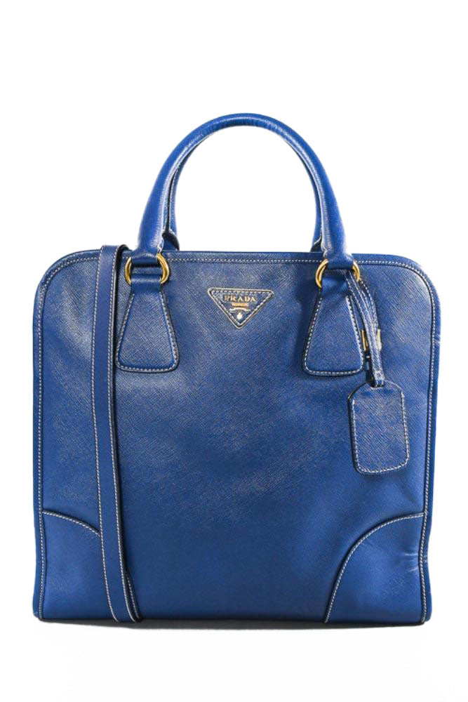 PRD Blue Leather Lucido Tote Top Handle Bag w/ Strap