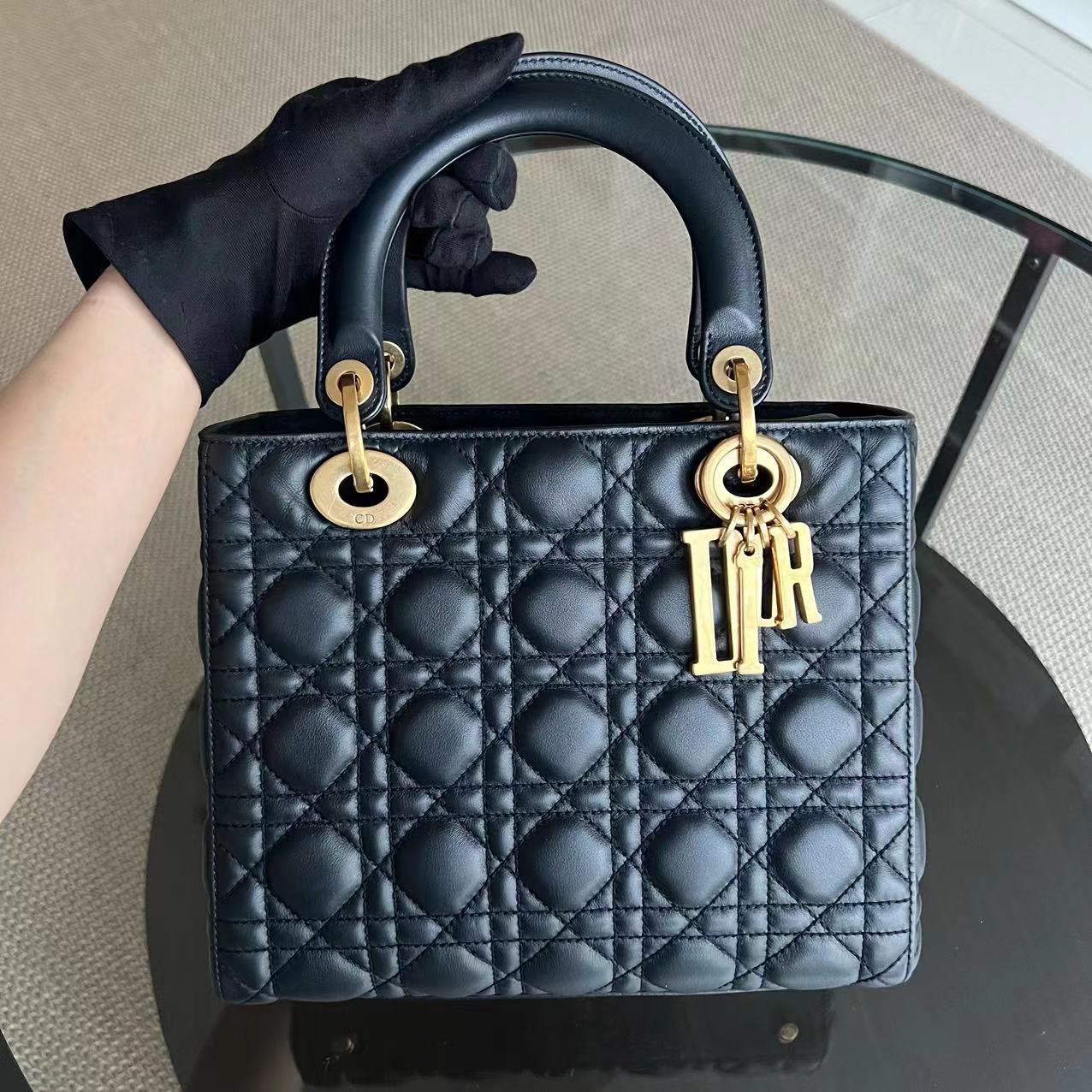 *Calfskin, Flap, With Strap* D1OR Lady Medium - Calfskin Cannage Calfskin Dark Blue Golden Hardware