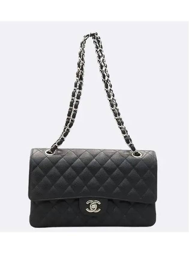 A01112 Black Caviar Skin Classic Medium Silver Chain Flap Shoulder Bag CH