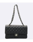 A01112 Black Caviar Skin Classic Medium Silver Chain Flap Shoulder Bag CH