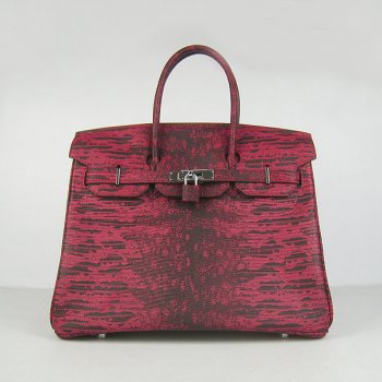 HMS Birkin 30cm Lizard Pattern Handbag 6088 Red/Silver