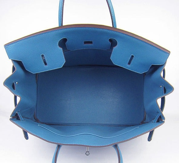 HMS Birkin 35cm Togo Leather Handbags 6099 Blue Silver