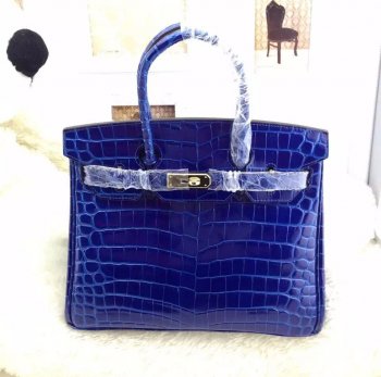 HMS Birkin 35cm Crocodile Leather Handbag Electric Blue Gold