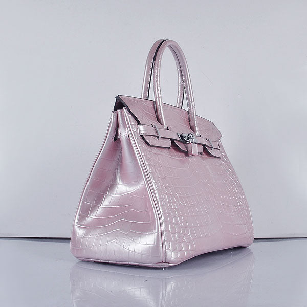 HMS Birkin 35cm 6089 New Crocodile Vein Handbags Pink Silver