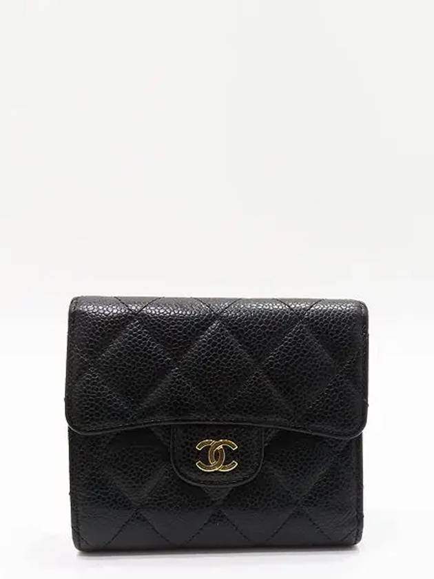 A82288 Black caviar skin gold COCO logo quilted classic small flap bi fold wallet CH