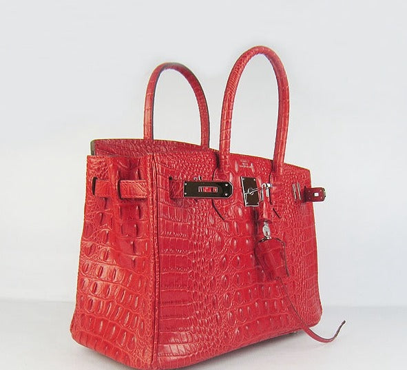 HMS Birkin 30cm Crocodile Head Vein Handbags Red Silver