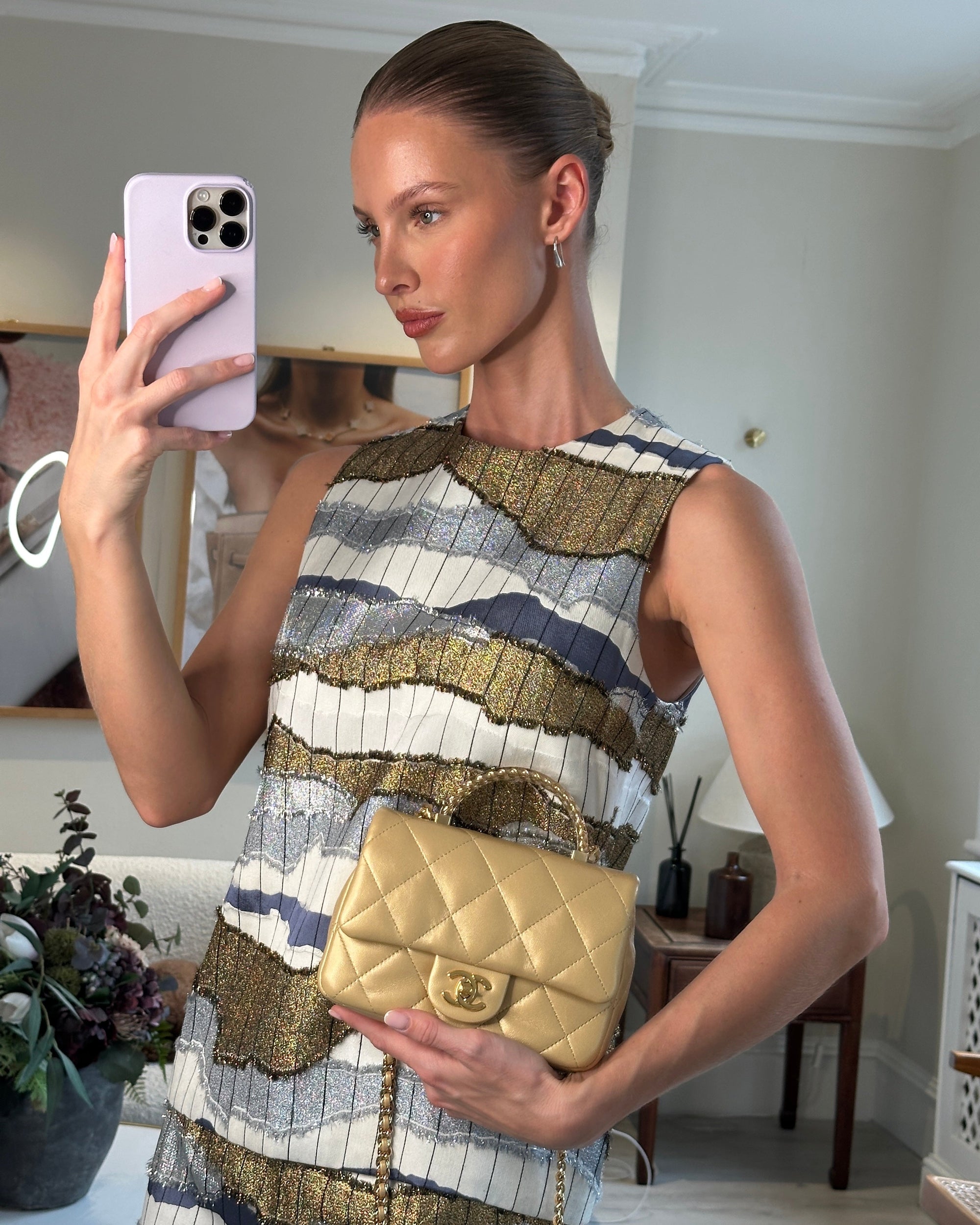 *CURRENT COLLECTION* CH Metallic Gold Mini Top Handle Bag in Calfskin Leather with Gold Hardware and Clear Perspex Handle Detail