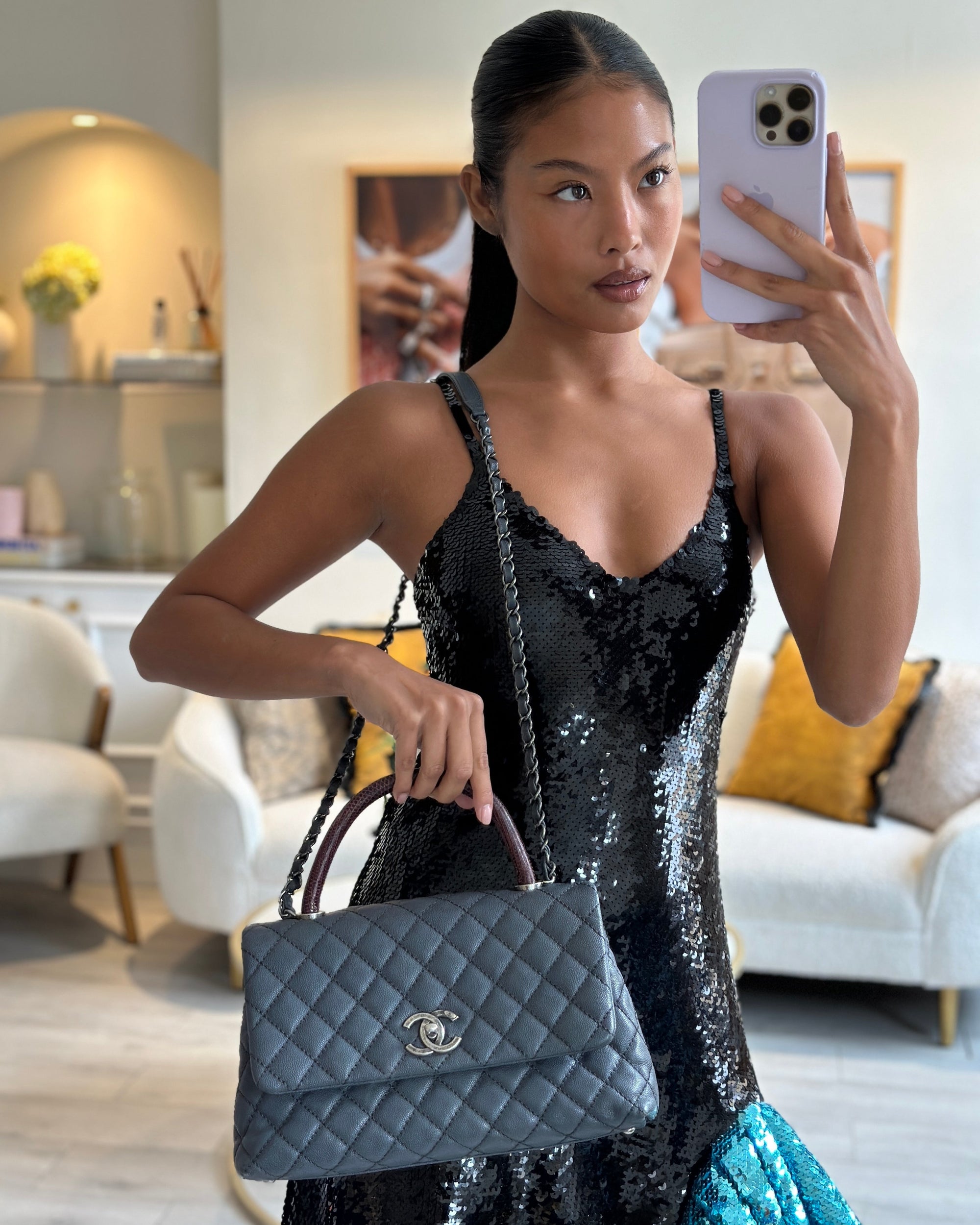 *RARE* CH Medium Coco Top Handle Bag Grey Caviar with Python Handle and Ruthenium Hardware
