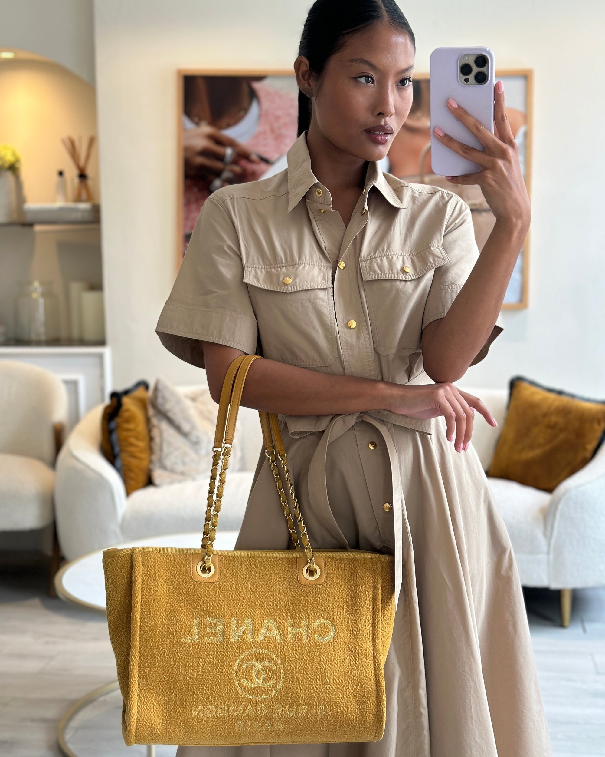 *HOT* CH Mustard Yellow Small Deauville Tote Bag in Velvet Tweed with Champagne Gold Hardware