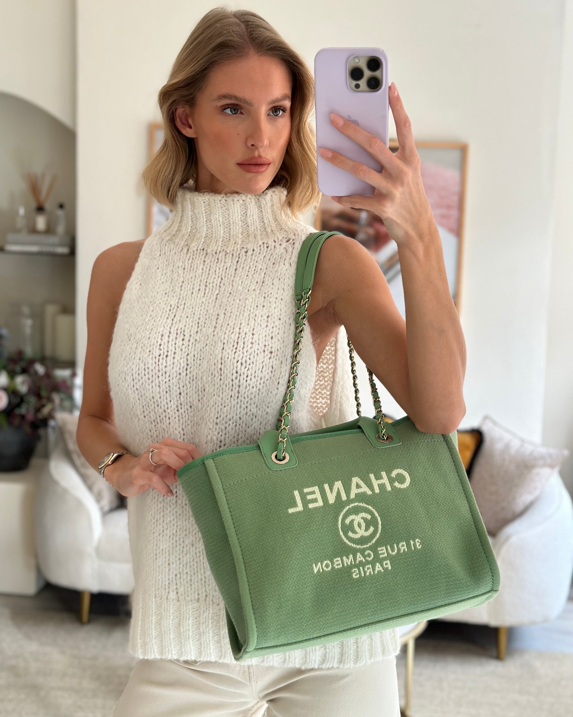 *HOT* CH Pistachio Green Canvas Small Deauville Tote Bag with Champagne Gold Hardware