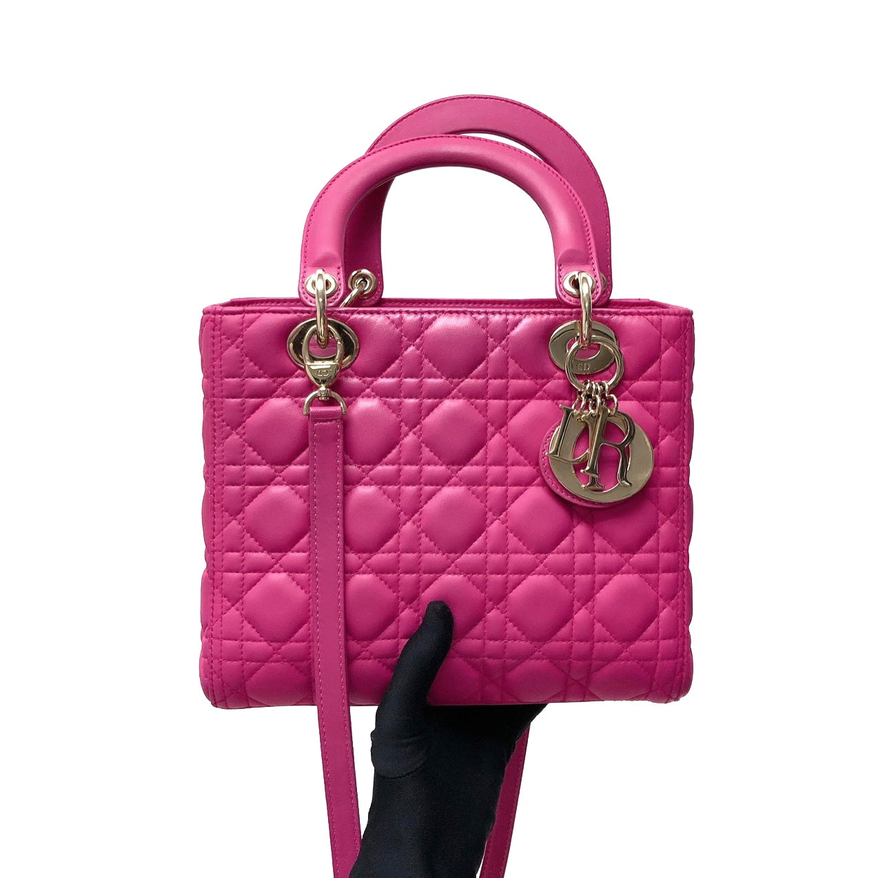 Cannage Lambskin Lady D1OR Medium Bag in Fuschia Pink with GHW