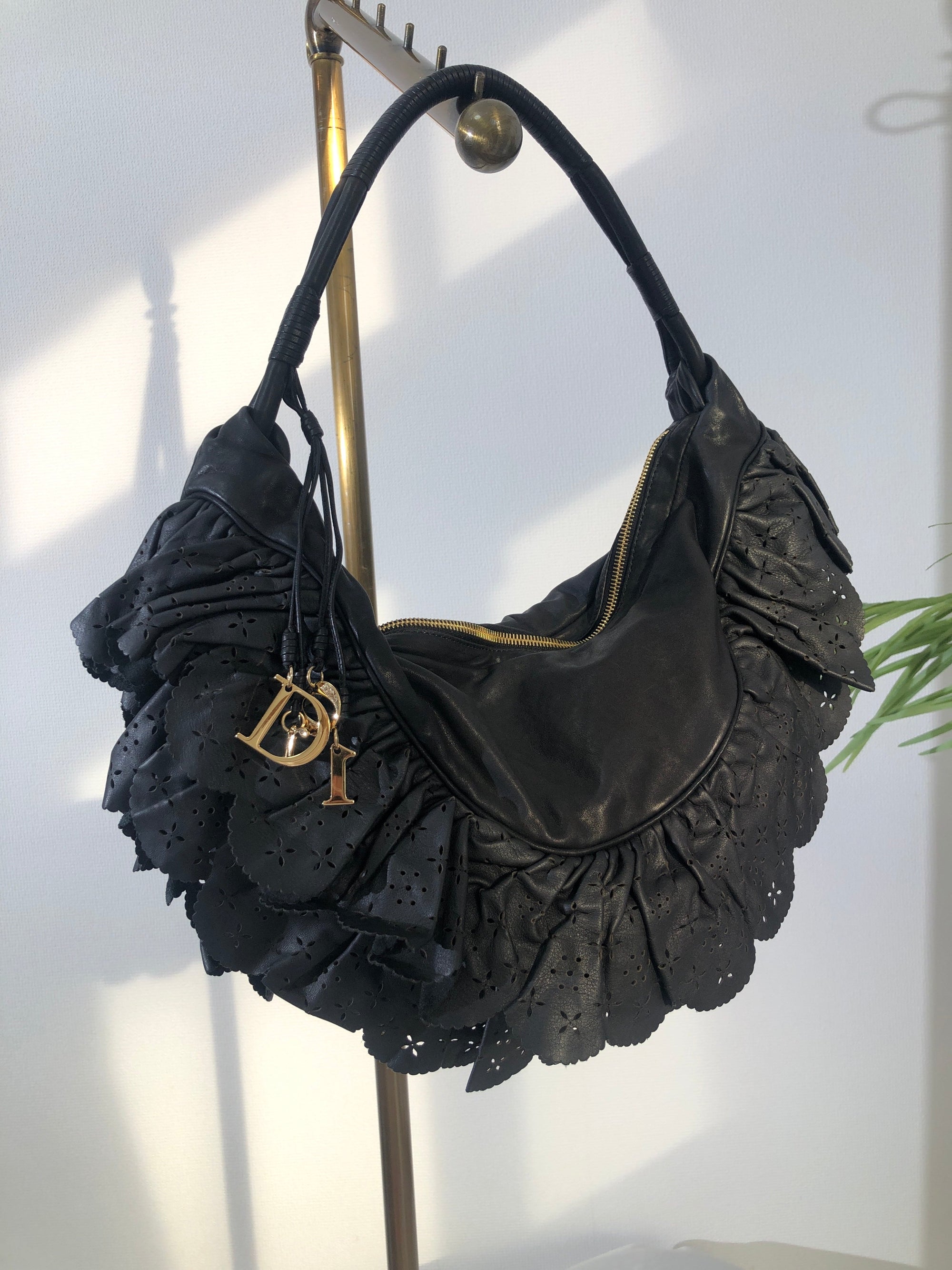 Christian D1OR  Logo Charm Cut Out Leather Handbag Shoulder bag Black Vintage 54pzak