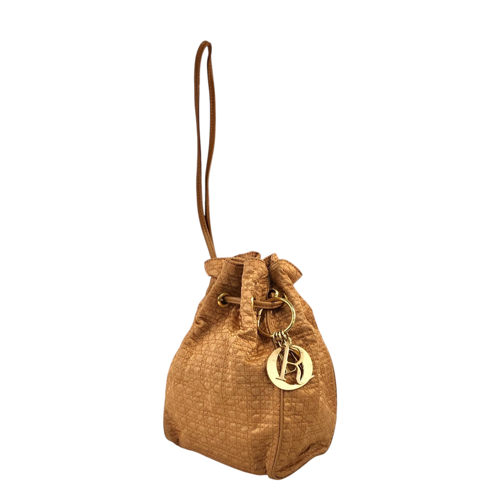 Christian D1OR Cannage Logo Charm Drawstring Small Handbag Beige Vintage 8d6rbt