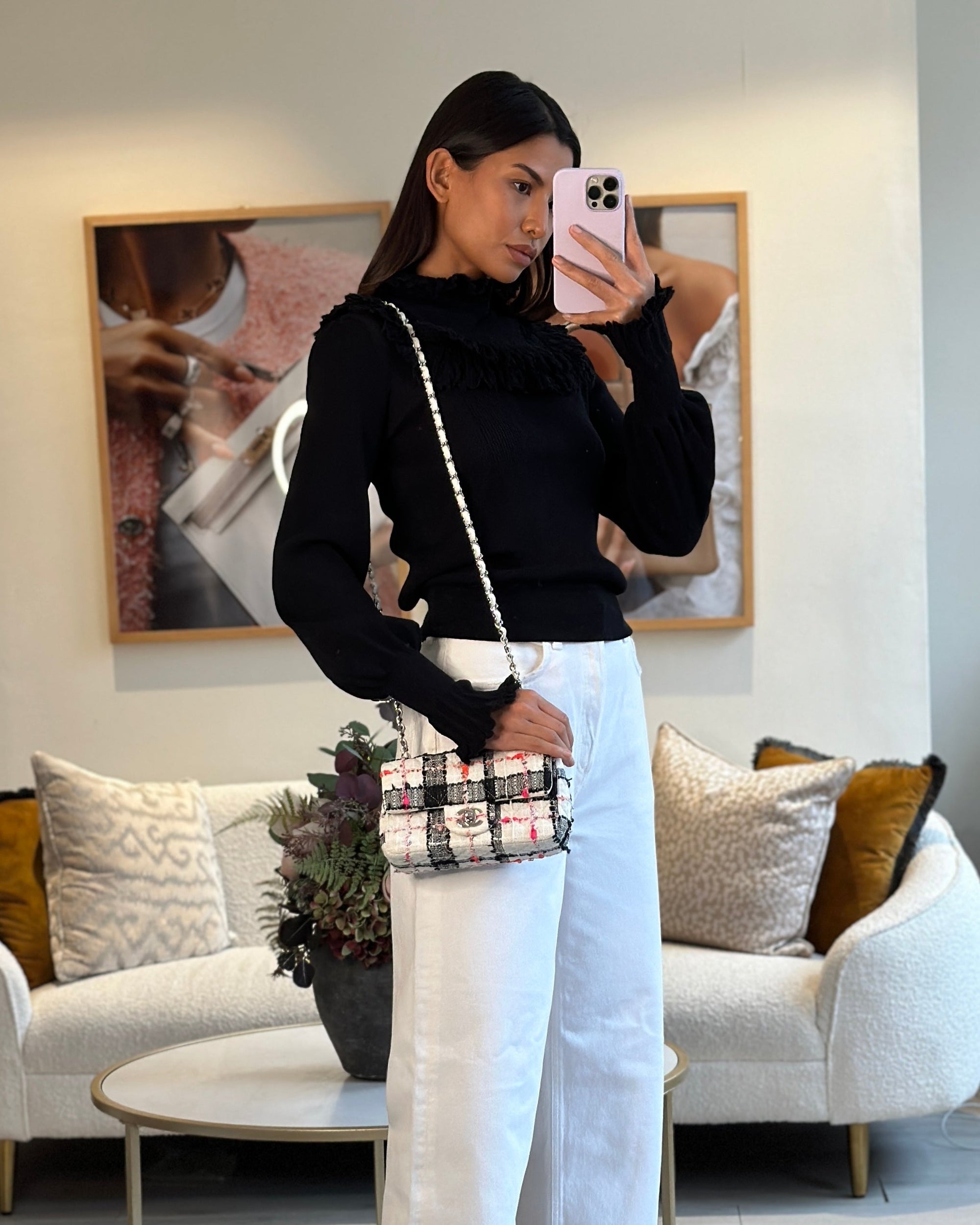 *HOT* CH White Tweed Mini Rectangular Single Flap Bag with Black &amp; White Details and Silver Hardware