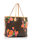 Brown LV Monogram Roses Neverfull MM Tote Bag