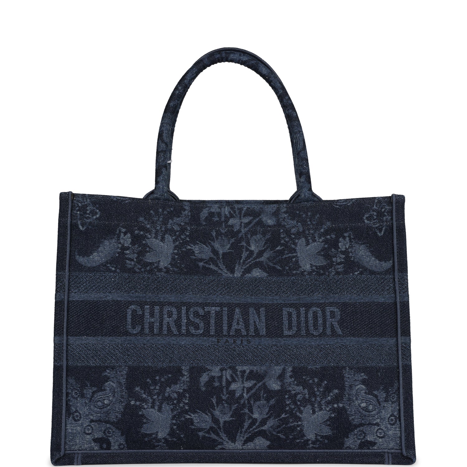 Christian D1OR Blue Flower Embroidered Denim Small Book Tote