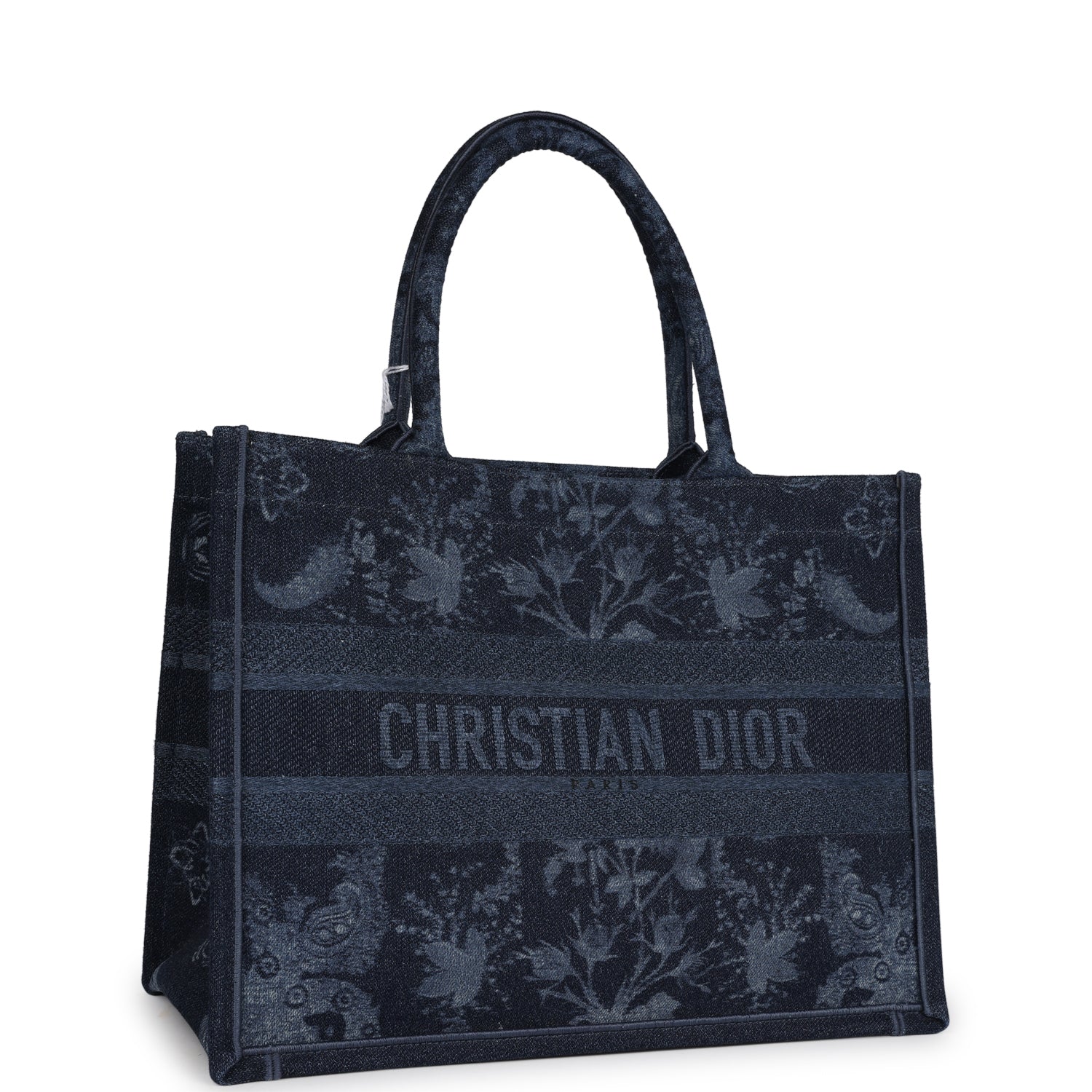 Christian D1OR Blue Flower Embroidered Denim Small Book Tote