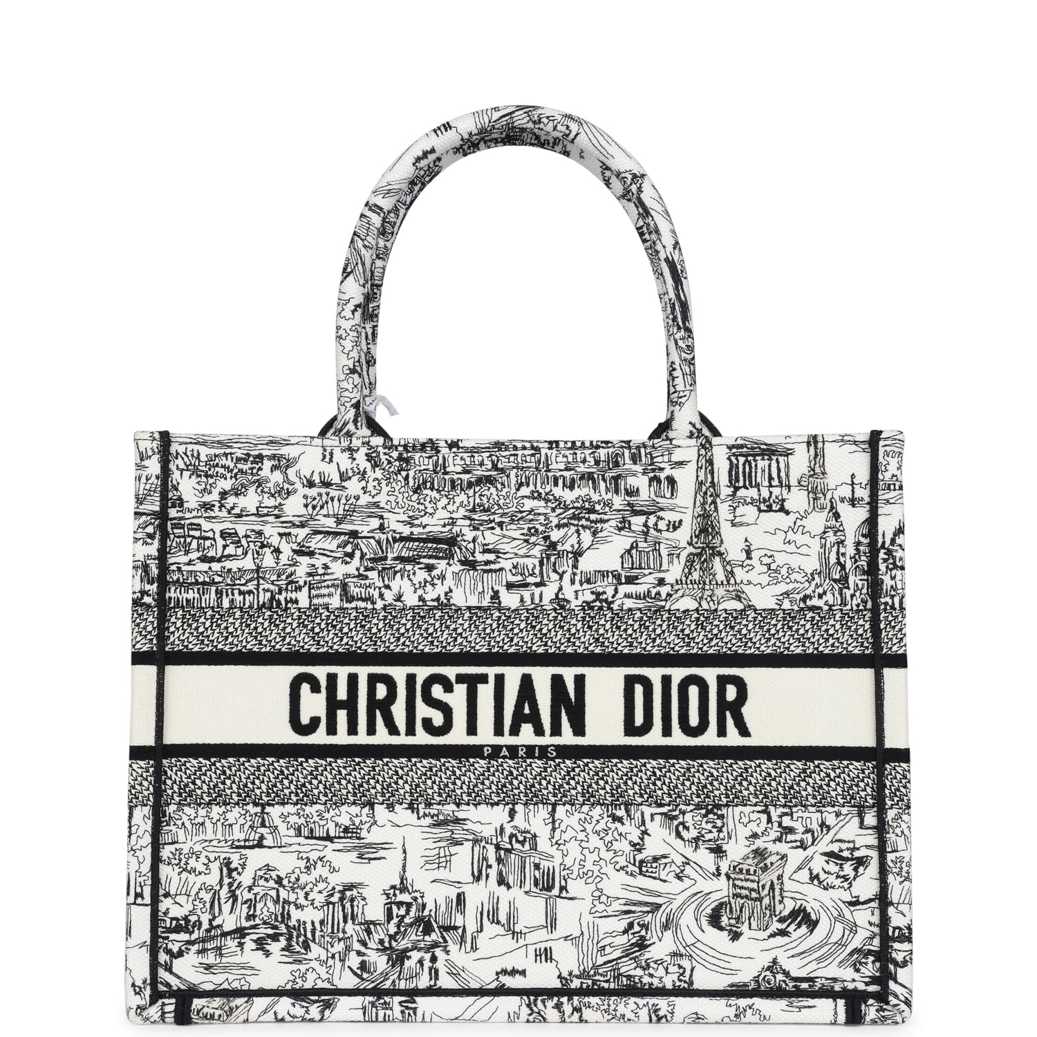 Christian D1OR "Paris All Over" Book Tote Medium White and Black Embroidered Canvas