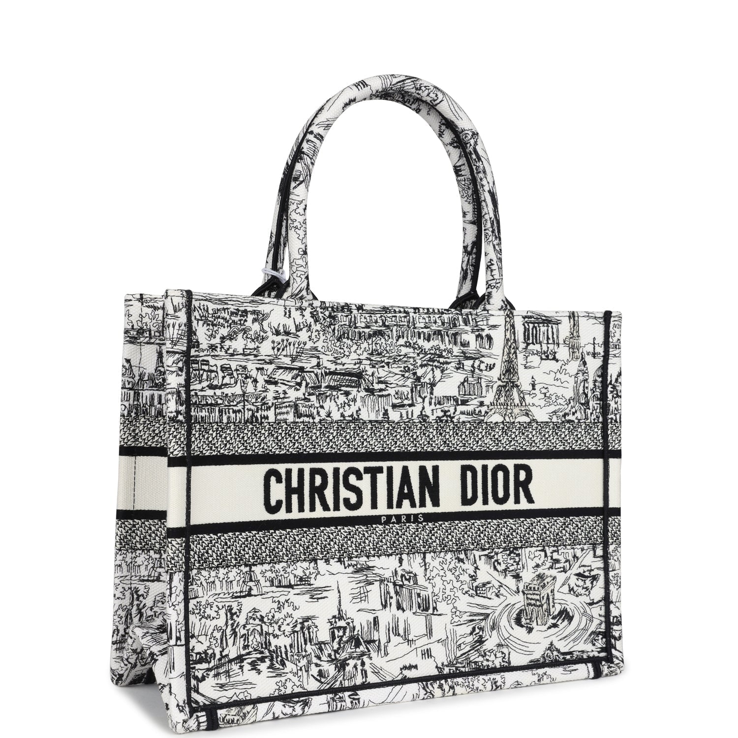 Christian D1OR "Paris All Over" Book Tote Medium White and Black Embroidered Canvas