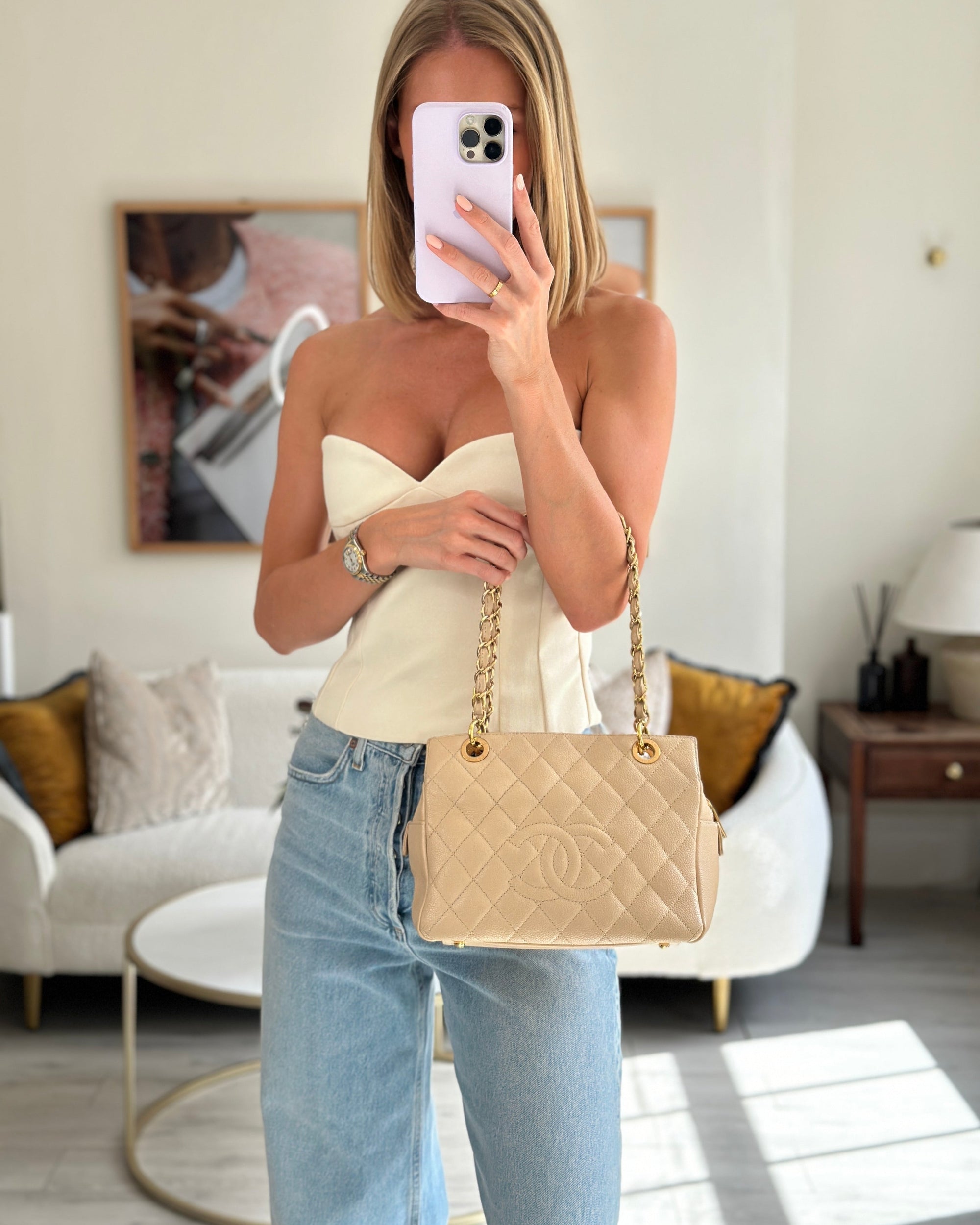 *RARE* CH Vintage Mini Beige GST Shopper Tote Bag in Caviar Leather with Gold Hardware