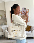 *HOT* CH White Small Deauville Tote Bag in Aged Calfskin Leather with Antique Gold Hardware and Pearl, Crystal Logo Detail