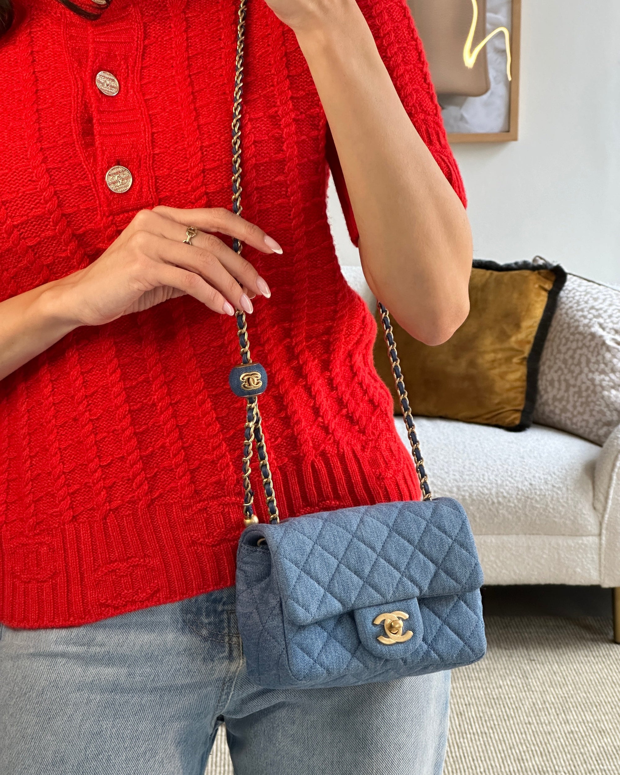 *HOT* CH Coco Crush Mini Square Flap Bag in Denim with Brushed Gold Hardware