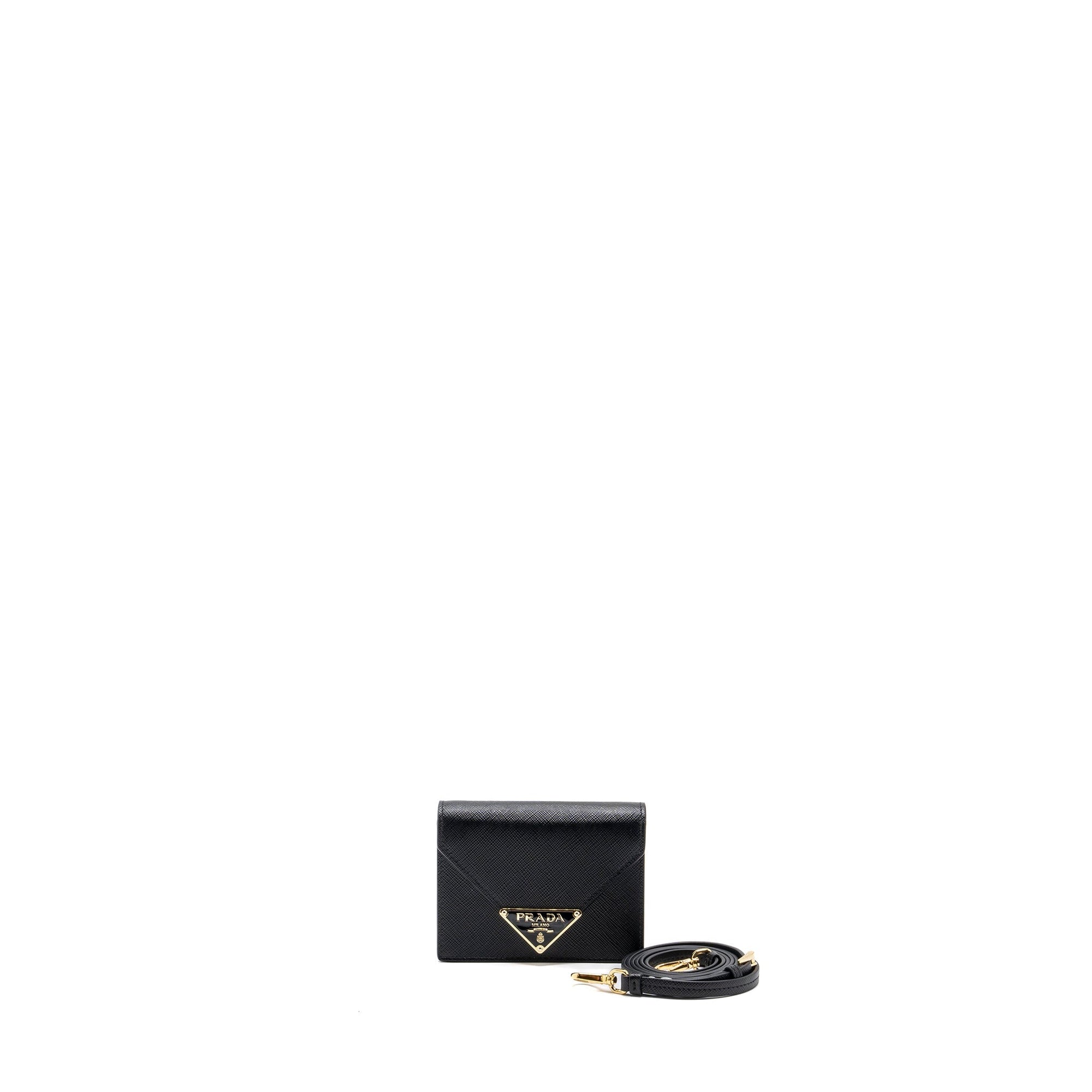 PRD Card Holder With Shoulder Strap Saffiano Leather Black GHW