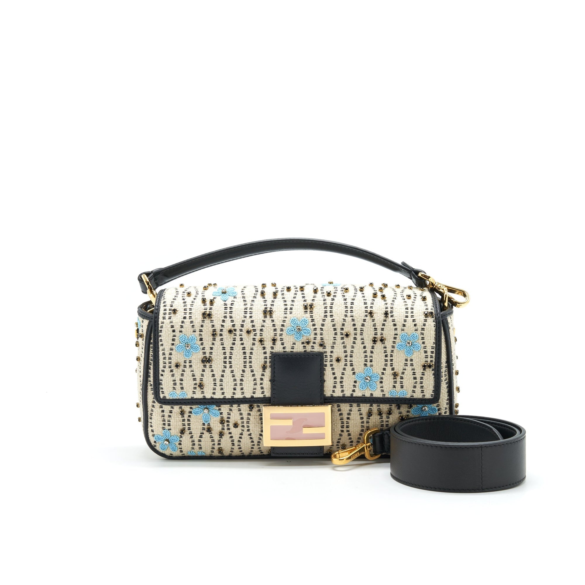 FNDI Baguette Iconic Medium White Raffia Bag Multicolor