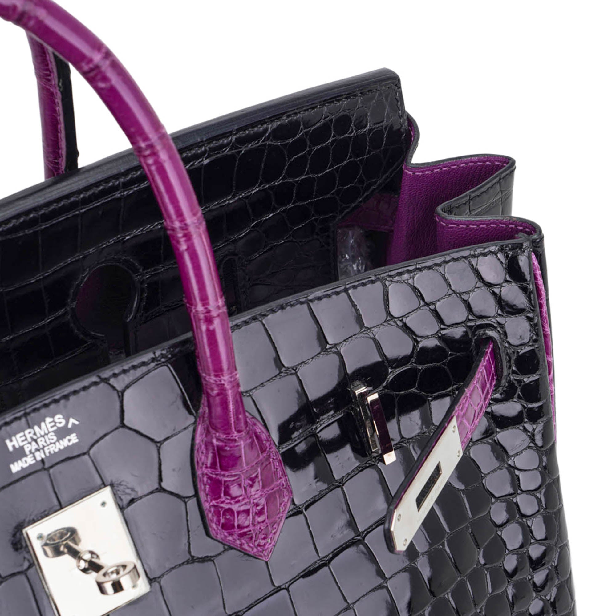 HMS Special Order HSS Birkin 35 Bag Black &amp; Violet Porosus Crocodile with Palladium Hardware
