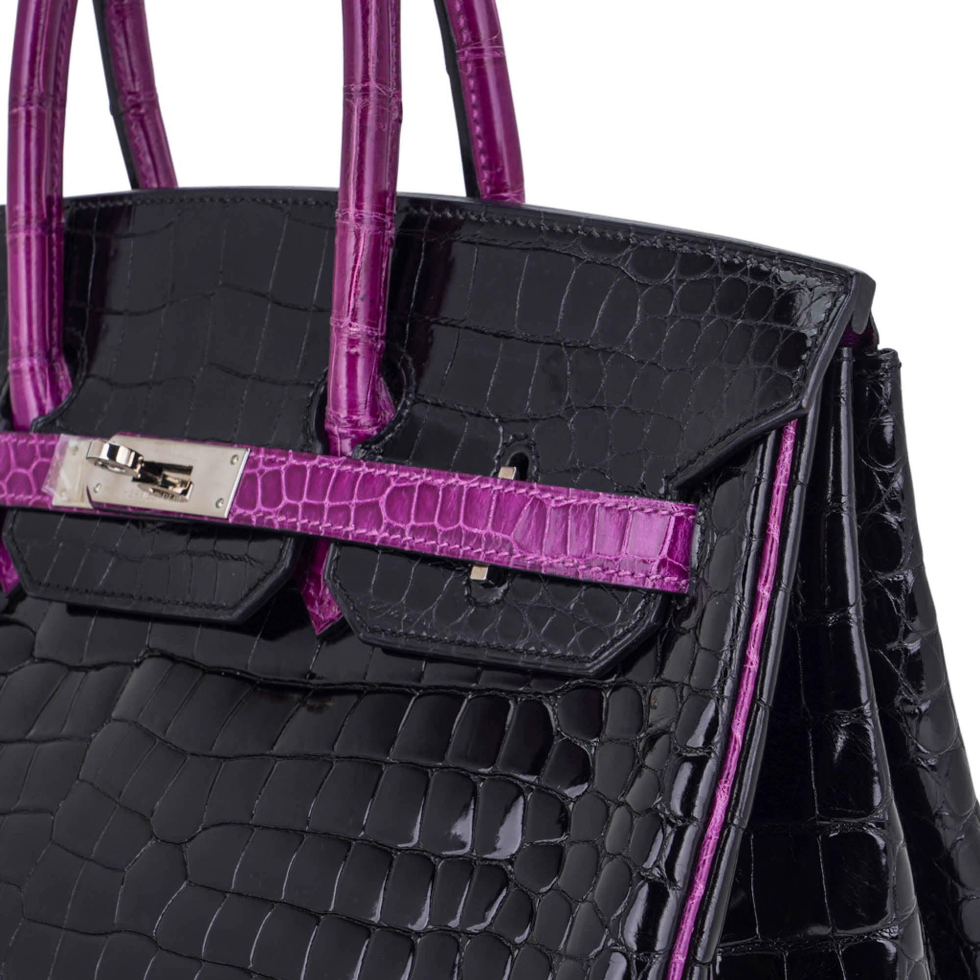 HMS Special Order HSS Birkin 35 Bag Black &amp; Violet Porosus Crocodile with Palladium Hardware