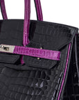 HMS Special Order HSS Birkin 35 Bag Black & Violet Porosus Crocodile with Palladium Hardware