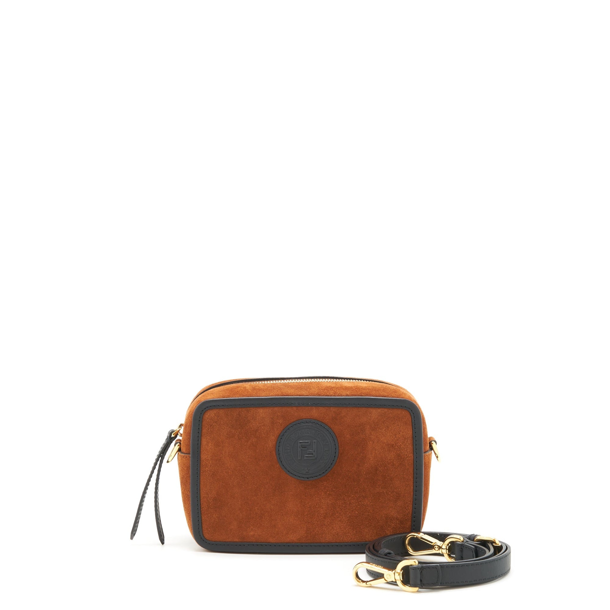 FNDI Camera Crossbody Bag suede leather brown/ black GHW