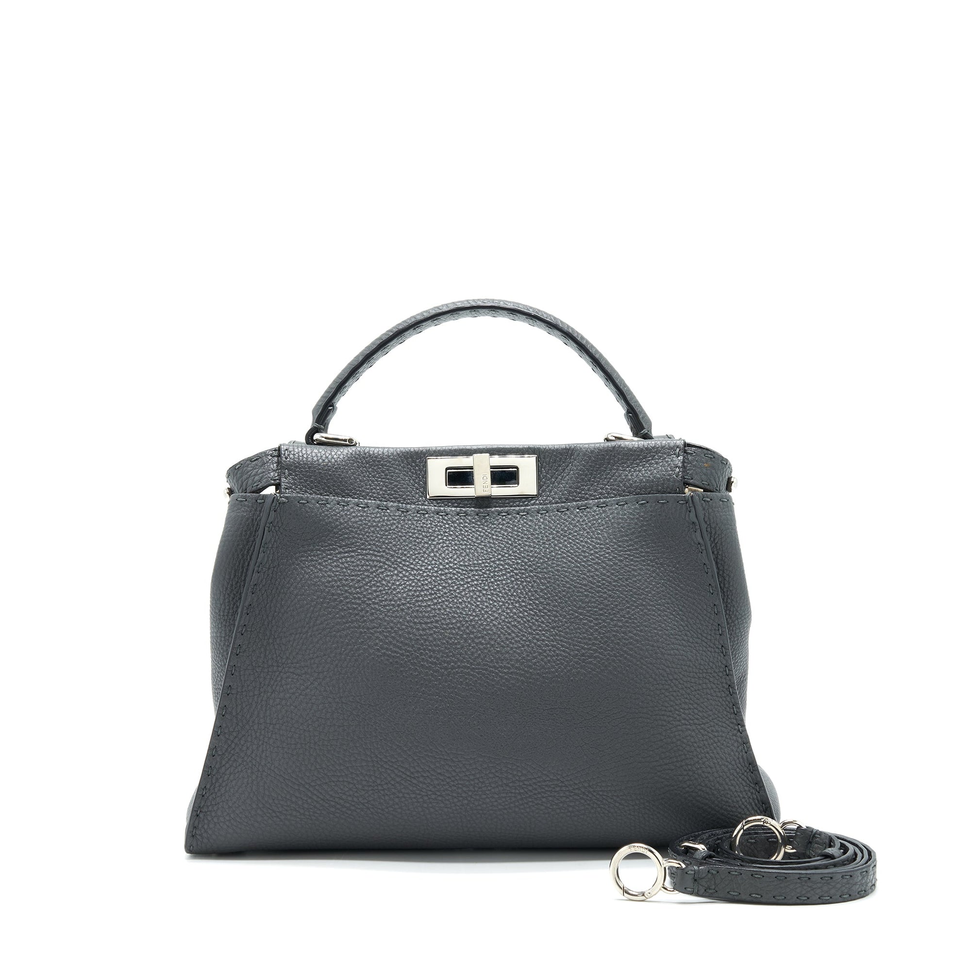 FNDI Grained Calfskin Medium Peekaboo Tote Bag Dark Grey SHW