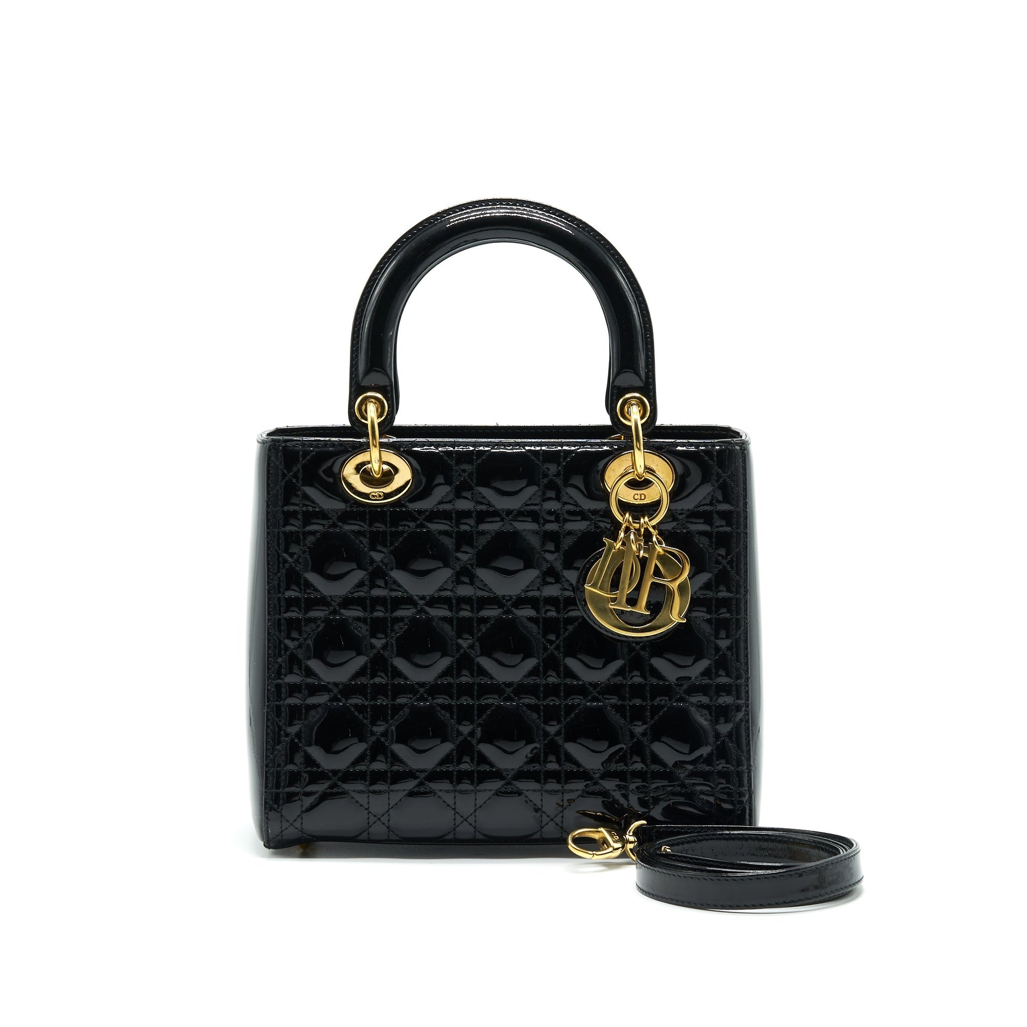 CHRISTIAN D1OR BLACK PATENT LEATHER MEDIUM LADY D1OR
