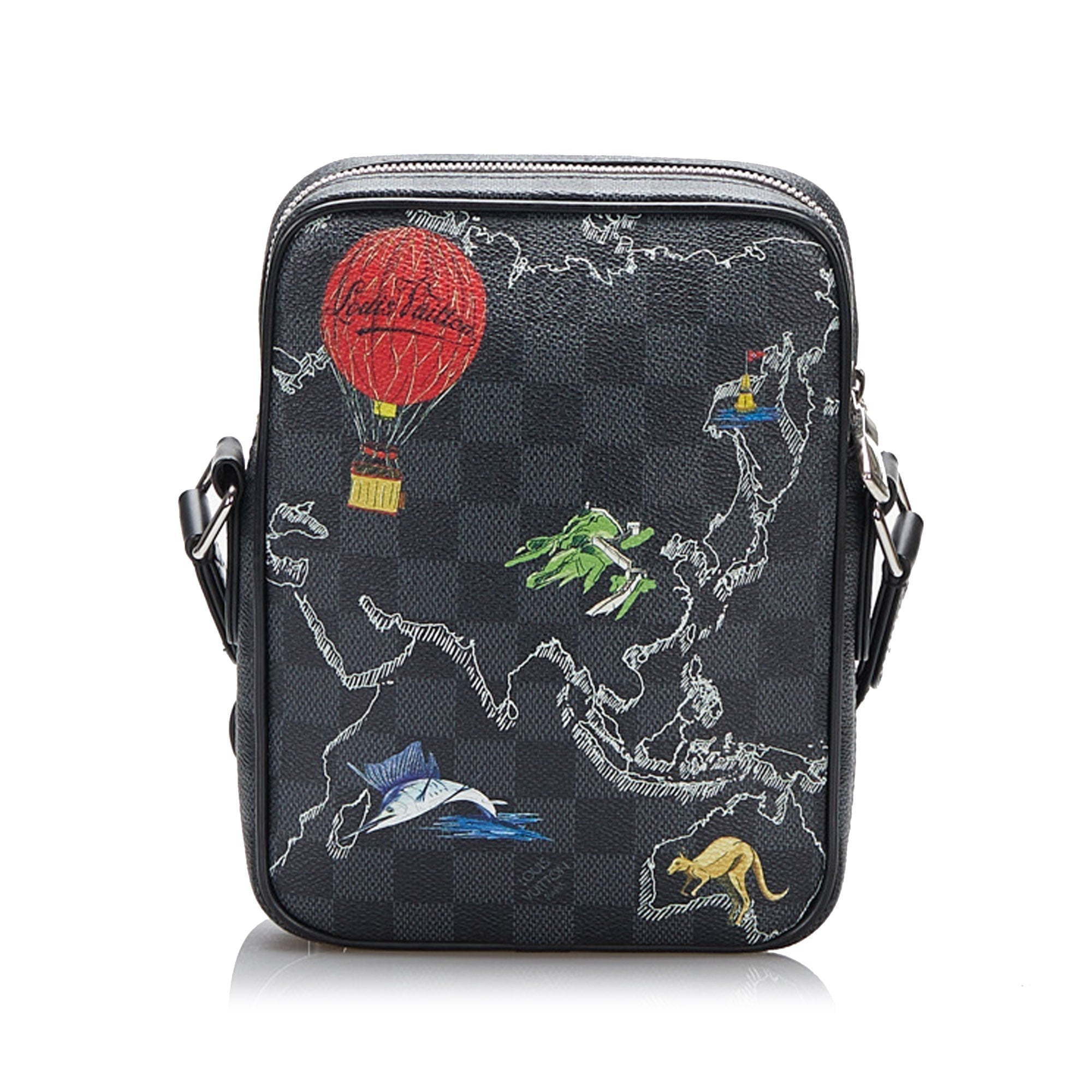 Black LV Damier Graphite Renaissance Map Danube Slim PM Crossbody Bag