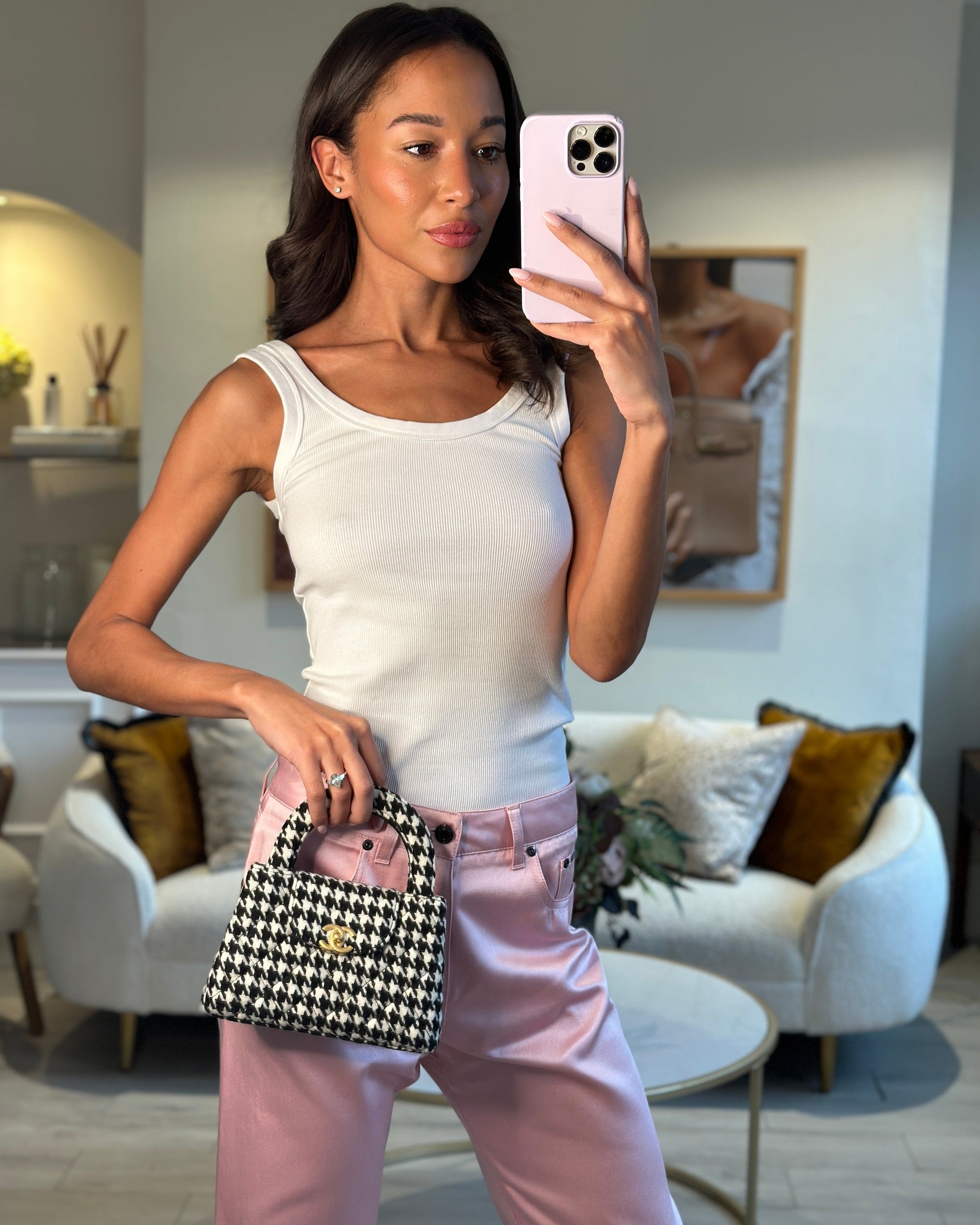 *HOT* CH Small Kelly Shopping Bag in Black &amp; White Wool Houndstooth with Brushed Antique Gold Hardware