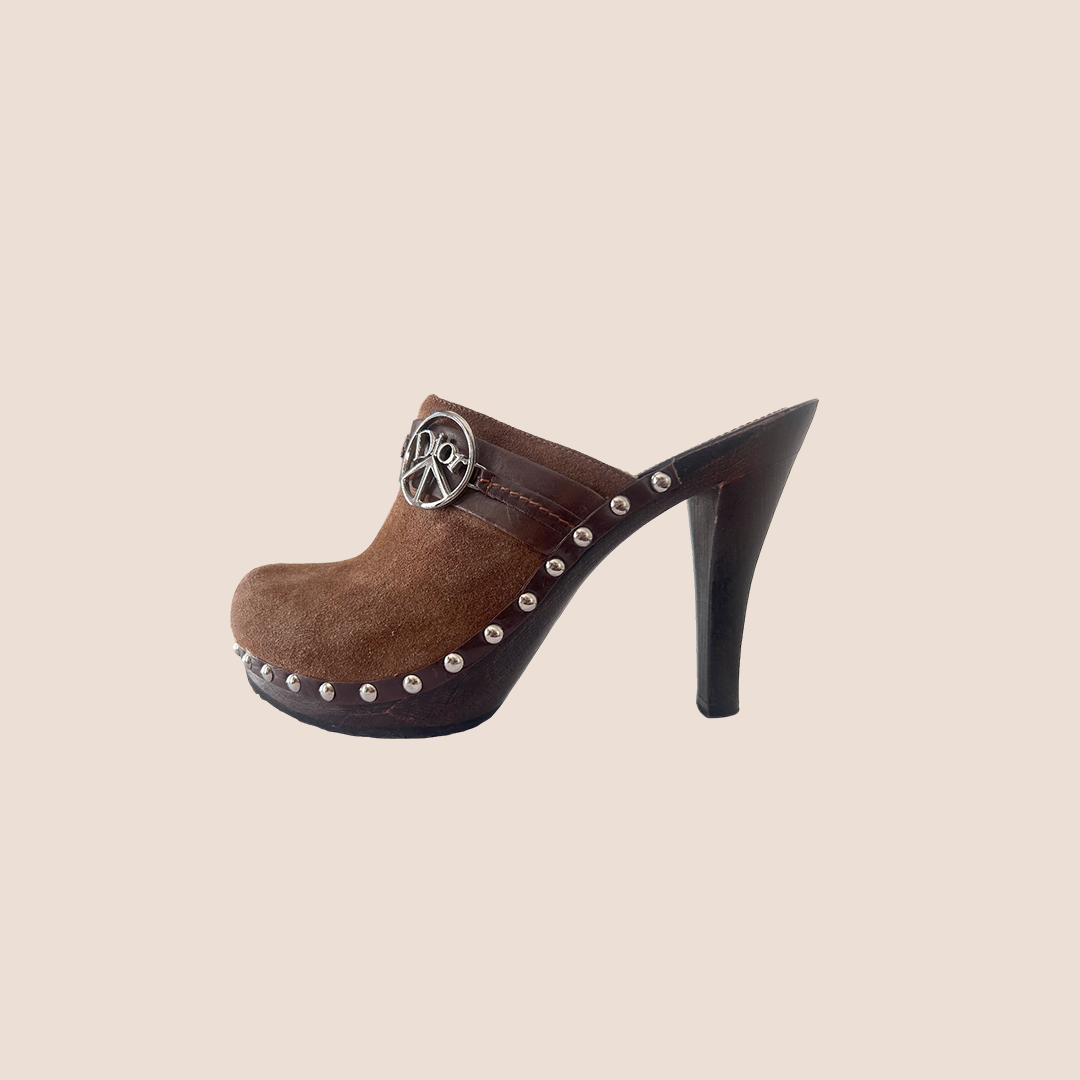CHRISTIAN D1OR 2005 BROWN SUEDE STUDDED CLOGS