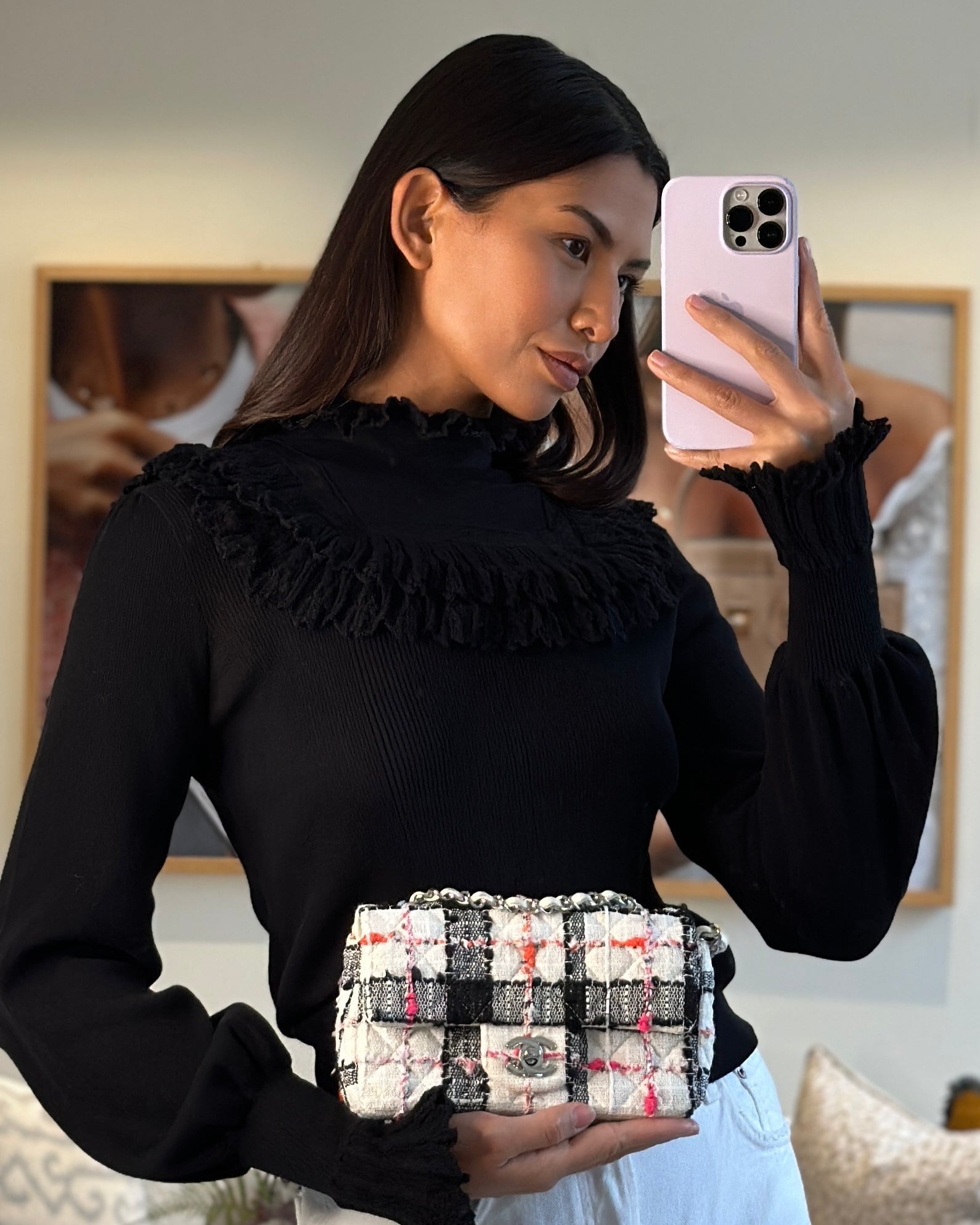 *HOT* CH White Tweed Mini Rectangular Single Flap Bag with Black &amp; White Details and Silver Hardware