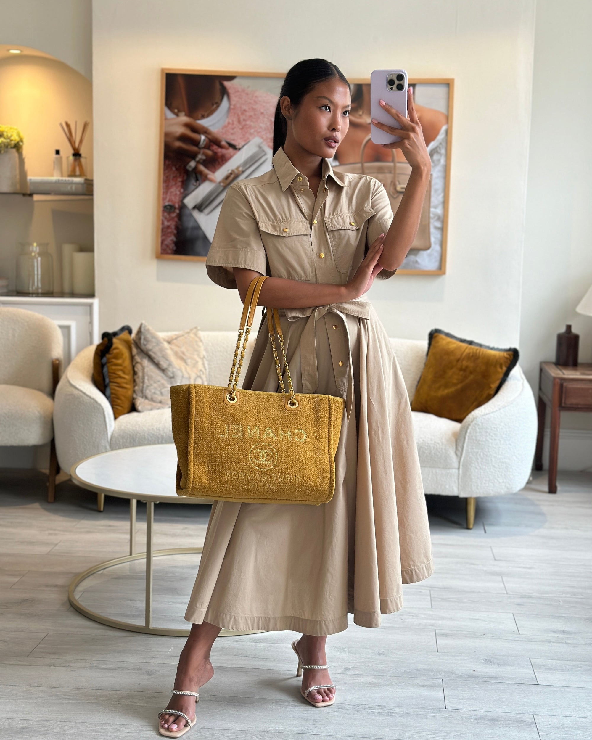*HOT* CH Mustard Yellow Small Deauville Tote Bag in Velvet Tweed with Champagne Gold Hardware
