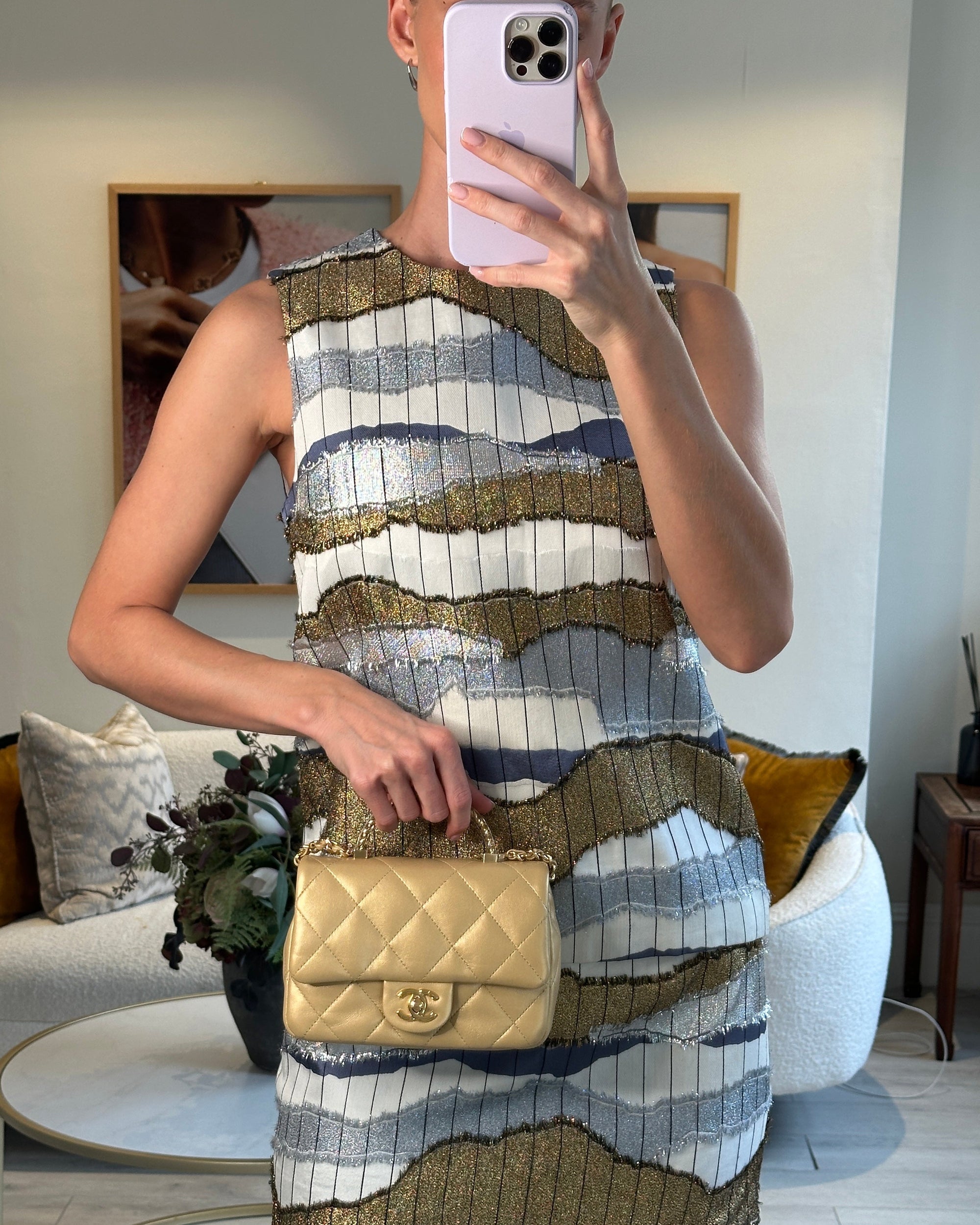 *CURRENT COLLECTION* CH Metallic Gold Mini Top Handle Bag in Calfskin Leather with Gold Hardware and Clear Perspex Handle Detail