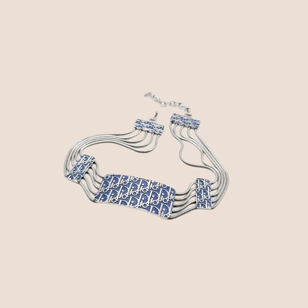 CHRISTIAN D1OR BLUE &amp; SILVER TROTTER CHOKER NECKLACE