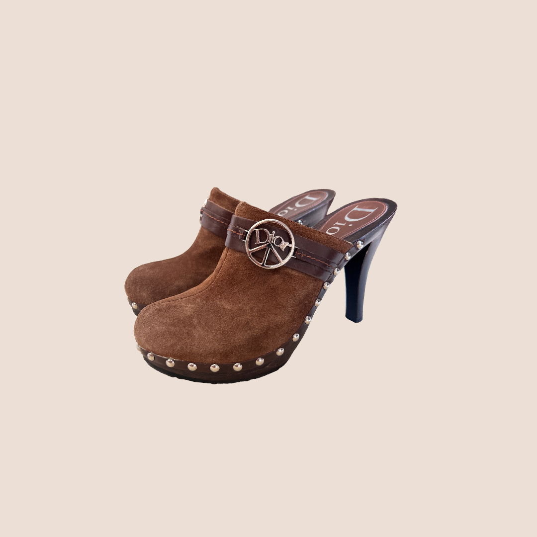 CHRISTIAN D1OR 2005 BROWN SUEDE STUDDED CLOGS
