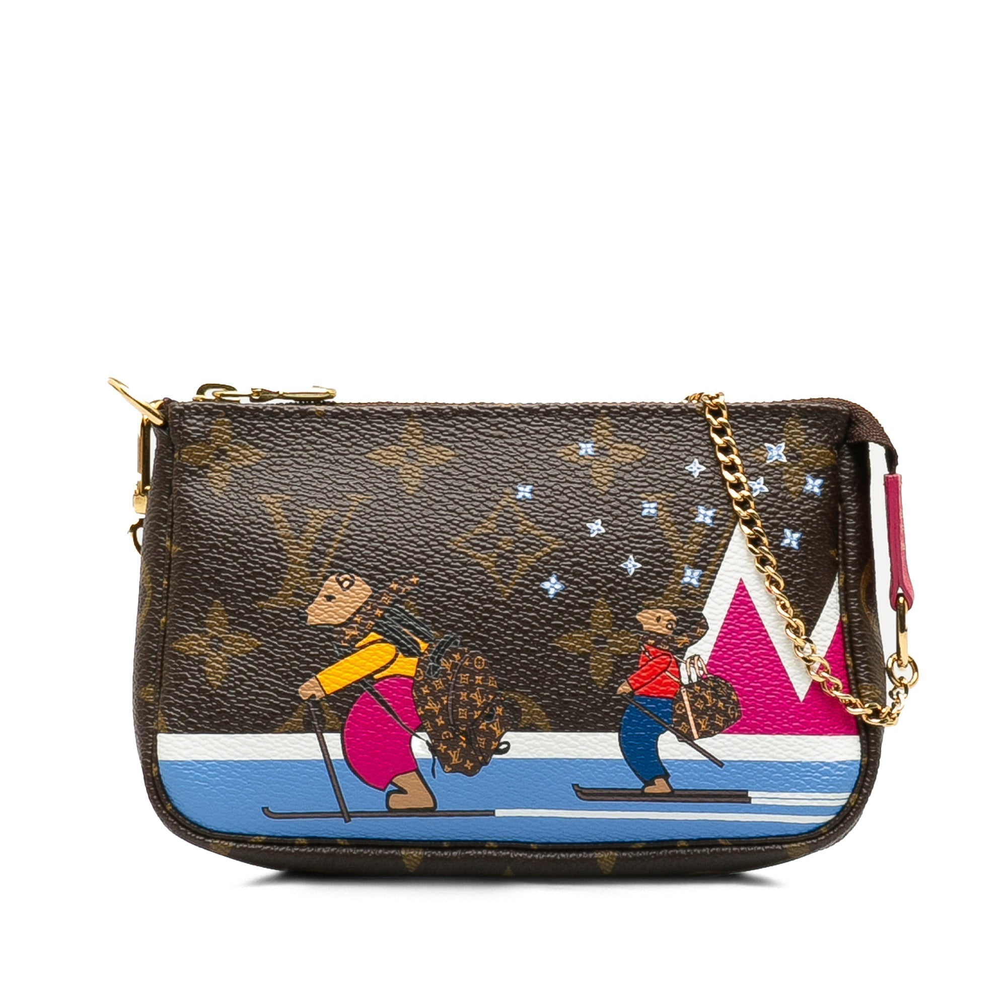 Brown LV Monogram Bears on Skis Christmas Animation Mini Pochette Accessories Shoulder Bag