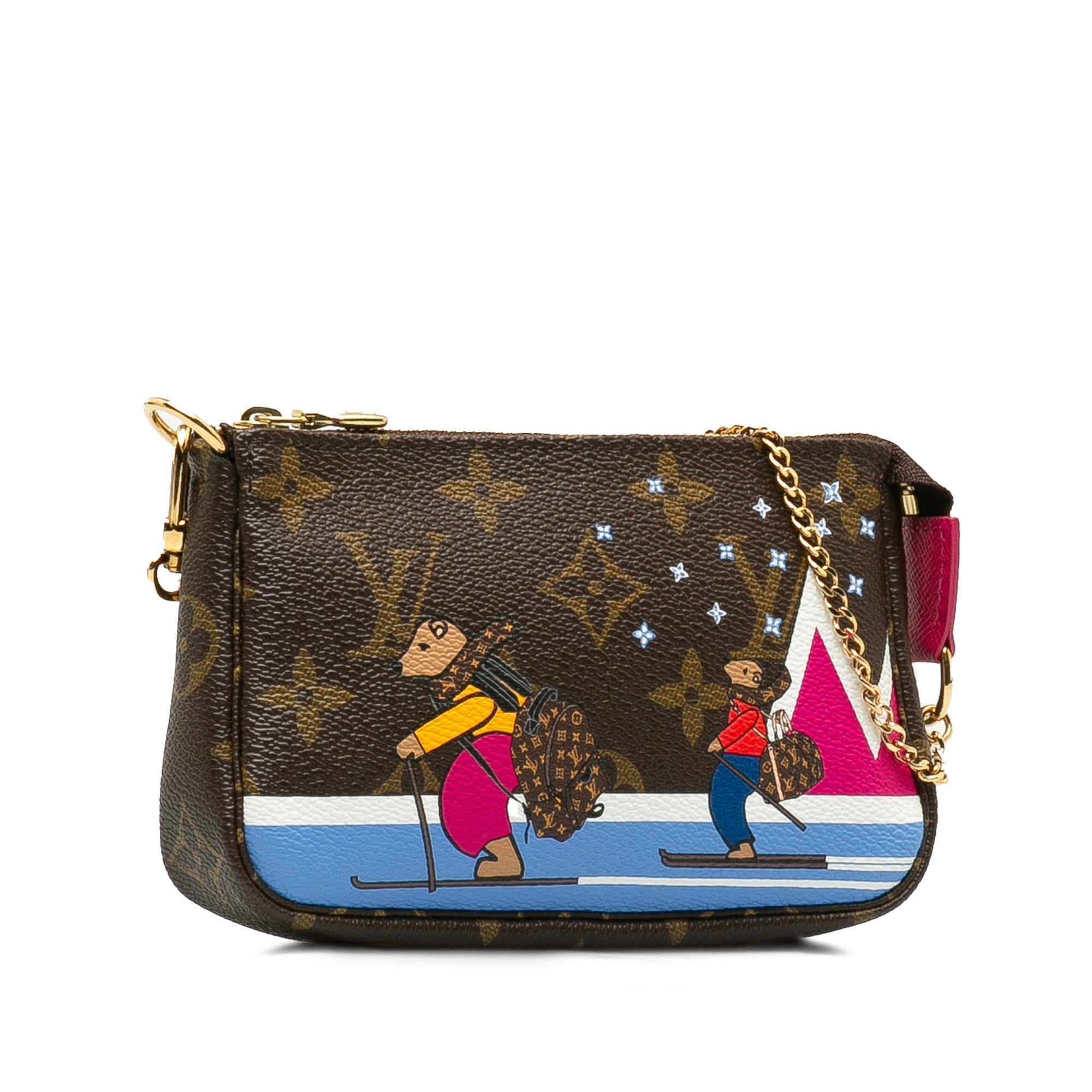 Brown LV Monogram Bears on Skis Christmas Animation Mini Pochette Accessories Shoulder Bag