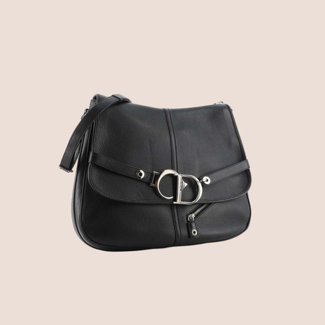 CHRISTIAN D1OR CD BLACK LEATHER FLAP CROSSBODY BAG