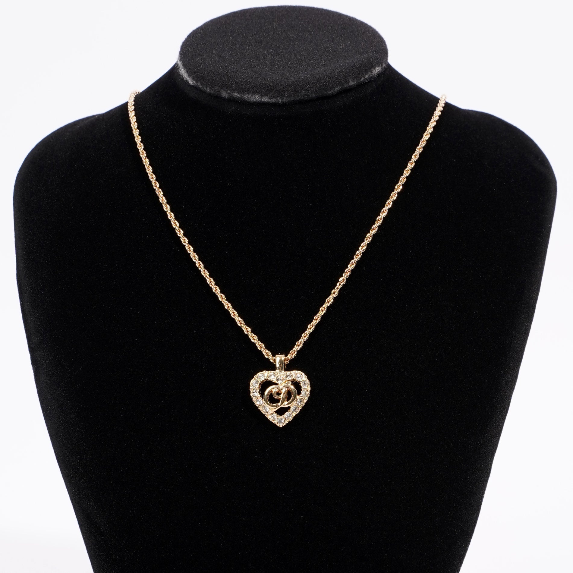 Christian D1OR CD Heart Motif Necklace Gold Rhinestone