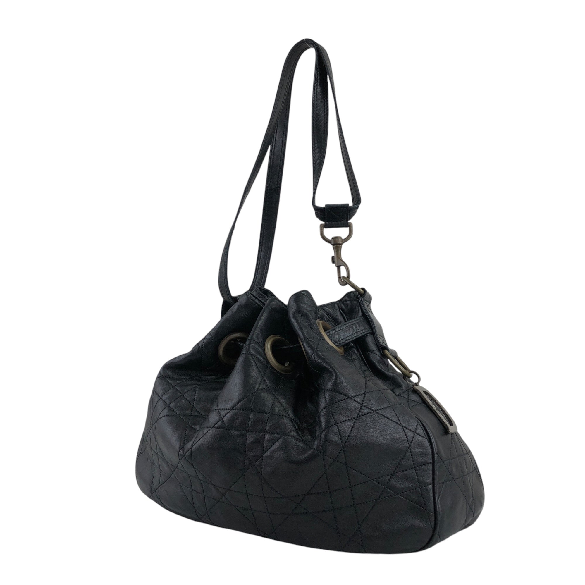 Christian D1OR Cannage Logo Motif Drawstring Shoulder bag Black Vintage ryhx6x