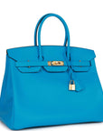 HMS Birkin 35 Bleu Frida Epsom Gold Hardware