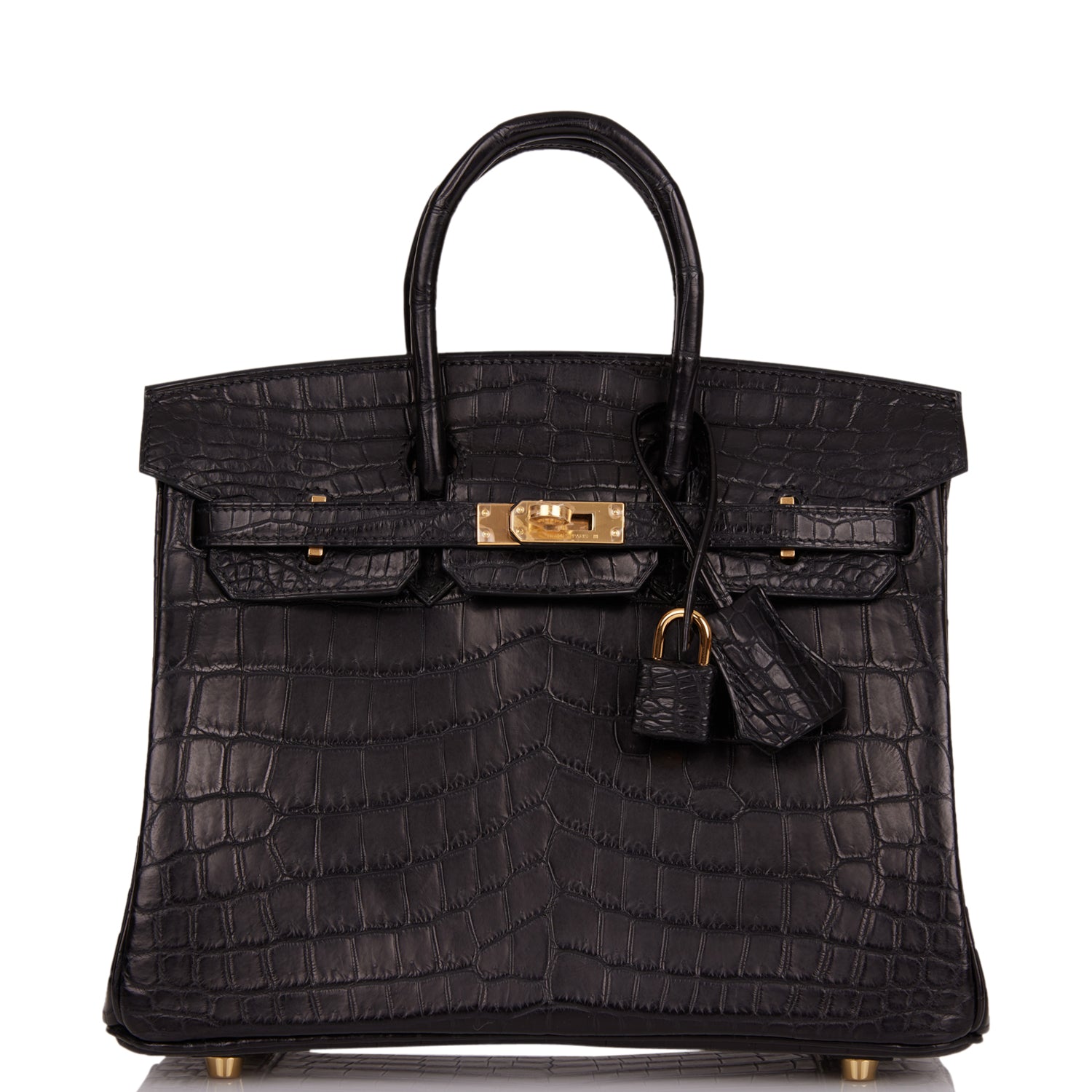 HMS Birkin 25 Black Matte Niloticus Crocodile Gold Hardware