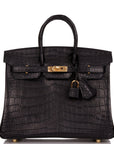 HMS Birkin 25 Black Matte Niloticus Crocodile Gold Hardware